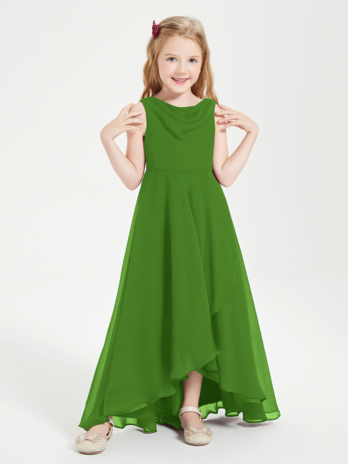 Modern Asymmetrical Cowl Neck Junior Bridesmaid Dresses Moss